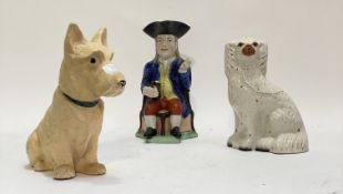 A Staffordshire style flatback chimney spaniel (H25cm) together with a 19th century pearlware