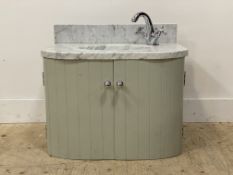 A marble and ceramic sink basin with tap and painted cabinet stand. W67cm, D45cm.