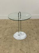 A contemporary occasional table, the circular glass top with bevelled edge raised on twin columns