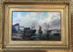 T.Faldon, a 19thc contemporary harbour boat scene, acrylic on board, signed bottom left in a gilt