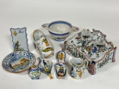 A collection of Italian majolica ware to include a Roma dish, desk ink stand with twin glass