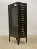 A vintage green painted pressed steel index or filling 15 drawer chest. H100cm, W30cm, D45cm