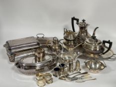 A large collection of Epns to include a pair of rectangular entree dishes and covers, a two division