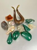 A collection of malachite to include an egg, three shaped pebbles and nugget, pyrite , agates,