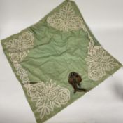 A Edwardian Vicars' Lace Braid Designs Table cover No 13317 on green satinized panel with tape