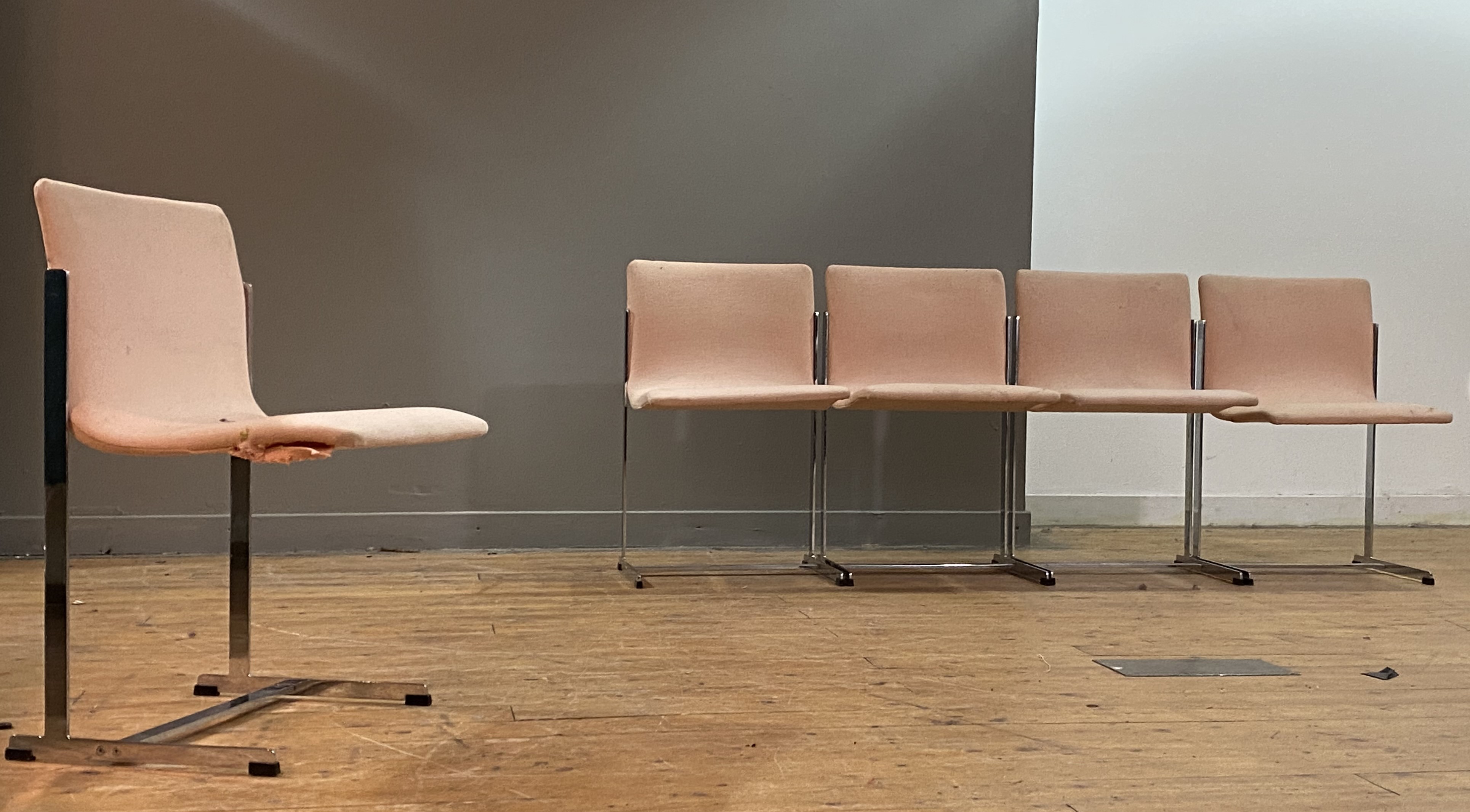 Merrow Associates, a set of five 1970's dining chairs, the upholstered seat and back raised on