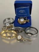 A collection of six various ladys white and yellow metal wrist watches including Sekonda, Seiko et