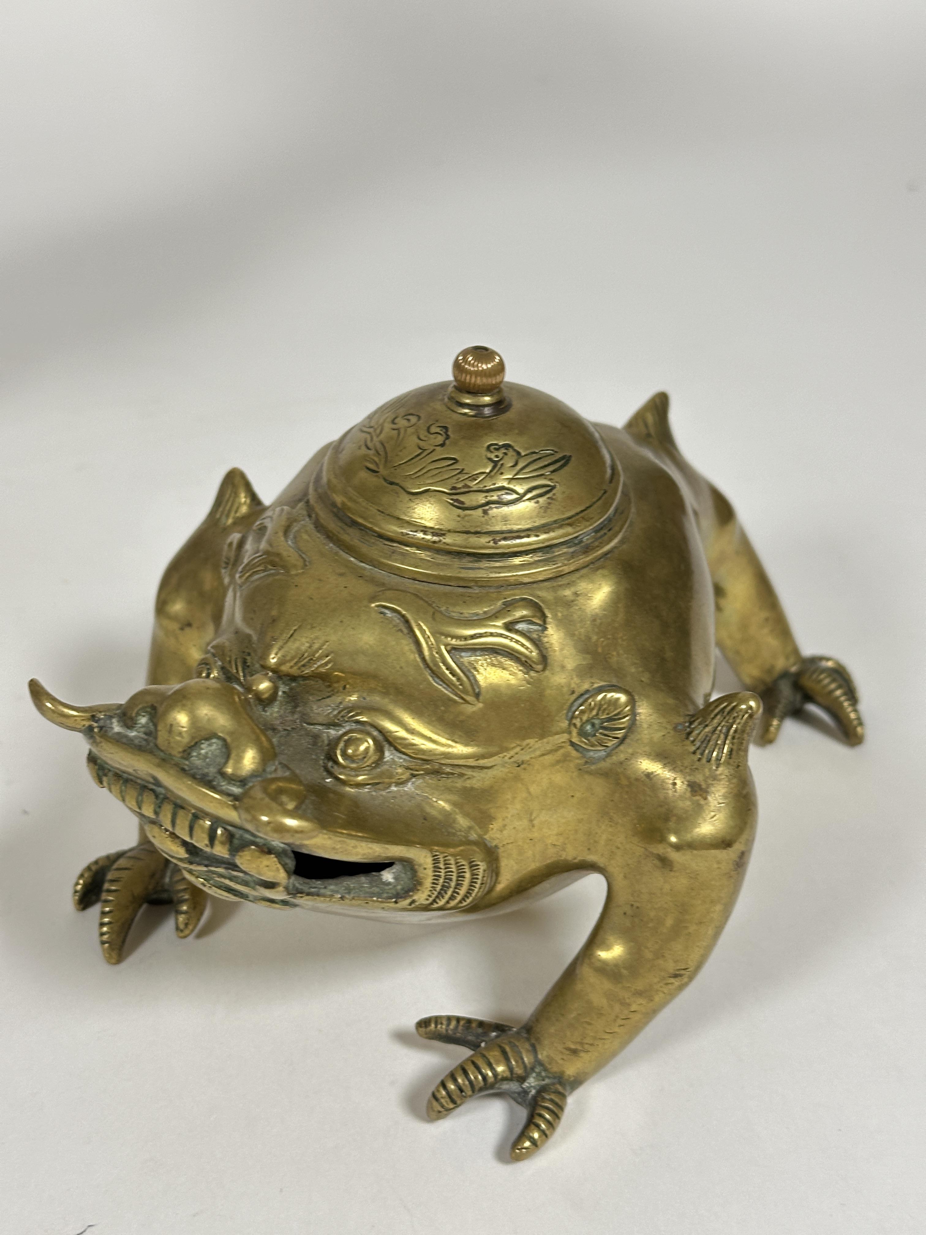 A Chines brass cast brass Fu incense burner with open mouth and hinged head  H x 20cm  D x 11cm, a - Image 3 of 6