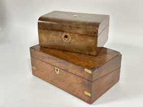 A Victorian burr walnut arched top sewing box with inlaid panel to top and front panel with plain