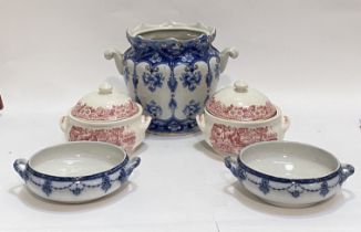 A Ringtons of Newcastle blue white and gilt ceramic jardiniere with twin scrolling handles, (