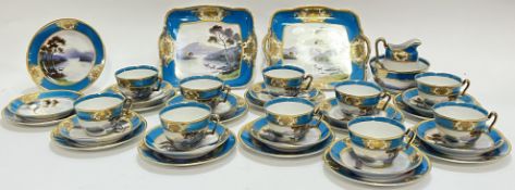 A Noritake tea set decorated with hand enamelled landscape scenes depicting mountains and cattle, th