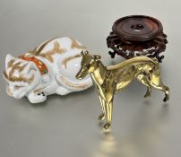 A cast brass Greyhound standing door stop figure H 14cm, a modern Chinese porcelain curled