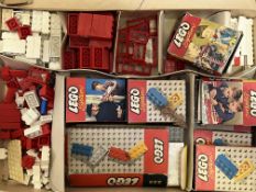 A box of vintage lego and boxes/packaging including bricks, windows, scenery etc...