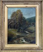 Unknown artist (19thc European School), Riverbank scene with house and woman to background, oil on