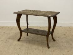 An early 20th century stained softwood side table, the rectangular top varved in lo relief with