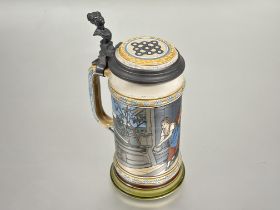 A German Mettlach stoneware beer stein with pewter mounted hinged cover and incised figures