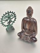 An Eastern carved hardwood Buddha figure, seated. H x 19cm and a verdigris bronze Shiva Nataraja