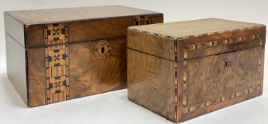 A walnut jewellery box decorated bands of inlay (h- 15cm, w- 28cm), together with a Tunbridge wear