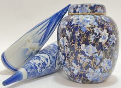 A mixed group of blue and white ceramics comprising a gilt and floral decorated ginger jar (marked v