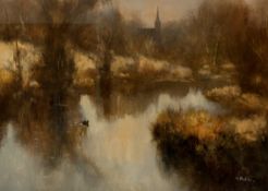 Tom Stephenson (Irish), Drumbeg, River Lagan, oil on canvas, framed. (artist label verso) (