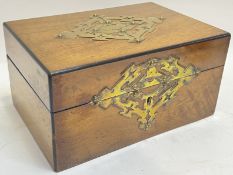 A nineteenth century walnut jewellery box and contents mounted with brass embellishments (with keys)