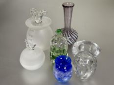 A collection of Art Glass to include a square section green cased clear glass perfume bottle with