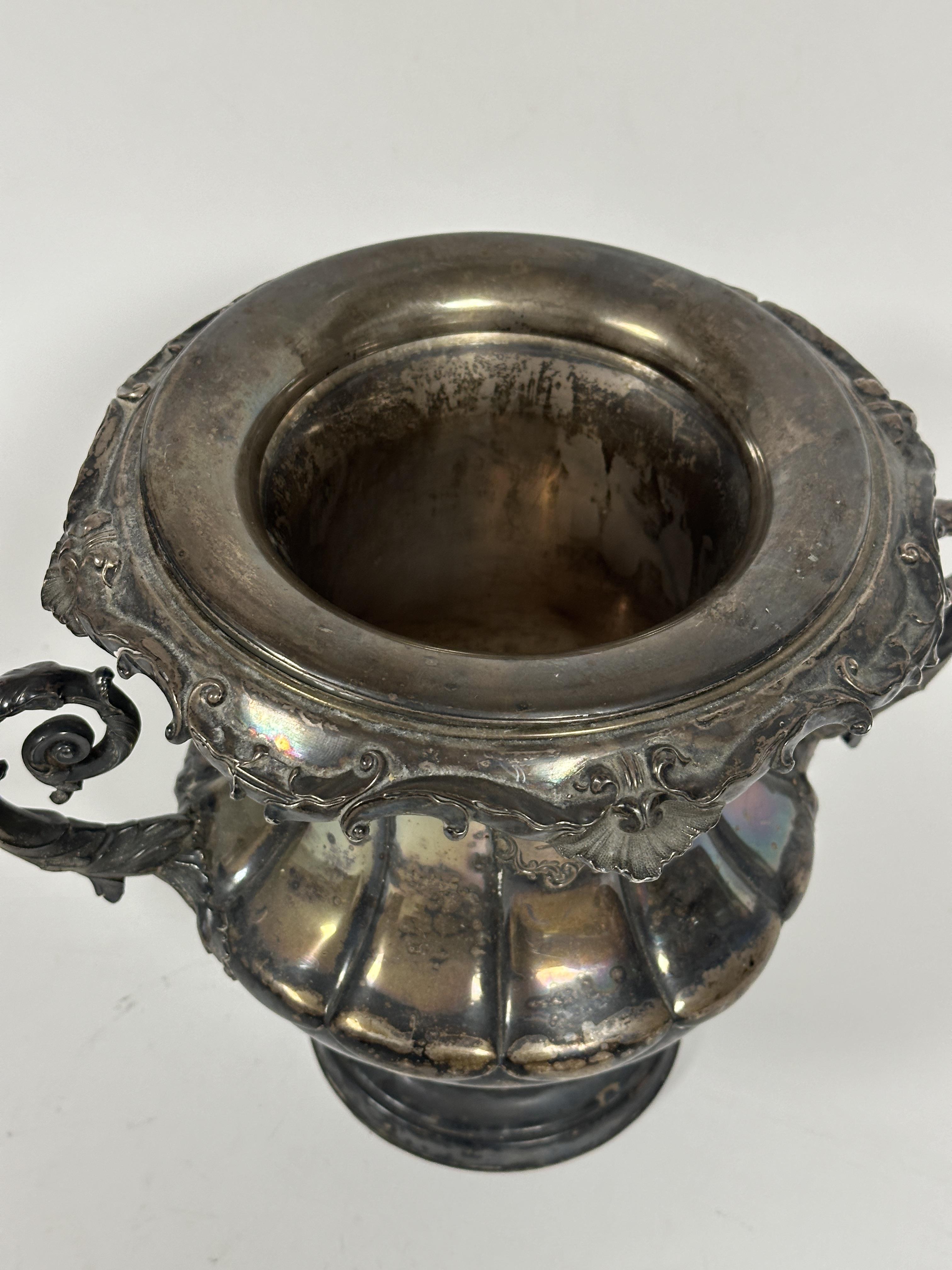A 19thc Sheffield plated rococo style twin handled wine cooler with inset liner of outswept fluted - Image 2 of 3