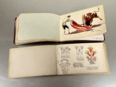 A 1930s leather bound autograph album with sketches, watercolour drawings etc and another with