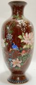 A large Meiji/Taisho period Japanese cloisonne enamel vase depicting birds and flowers (lily, peony,