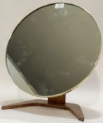A mid century circular vanity mirror, on an adjustable hardwood stand. H45cm