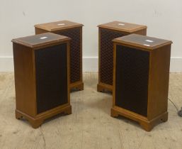 Two pairs of Vintage Dynatron box speakers, in burr walnut and mahogany veneered cases on bracket