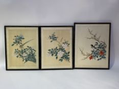 Three framed Chinese watercolours on silk, depicting birds and flowers. (35cmx25cm, 37cmx27cm) (3)