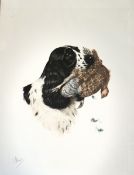 Boris Riab (Russian 1898-1975)?, A black and white Springer Spaniel with bird in mouth print, signed