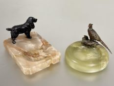 A cold painted bronze cock pheasant standing on naturalistic base mounted on green onyx circular