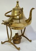 A brass gooseneck spirit kettle with stand and burner