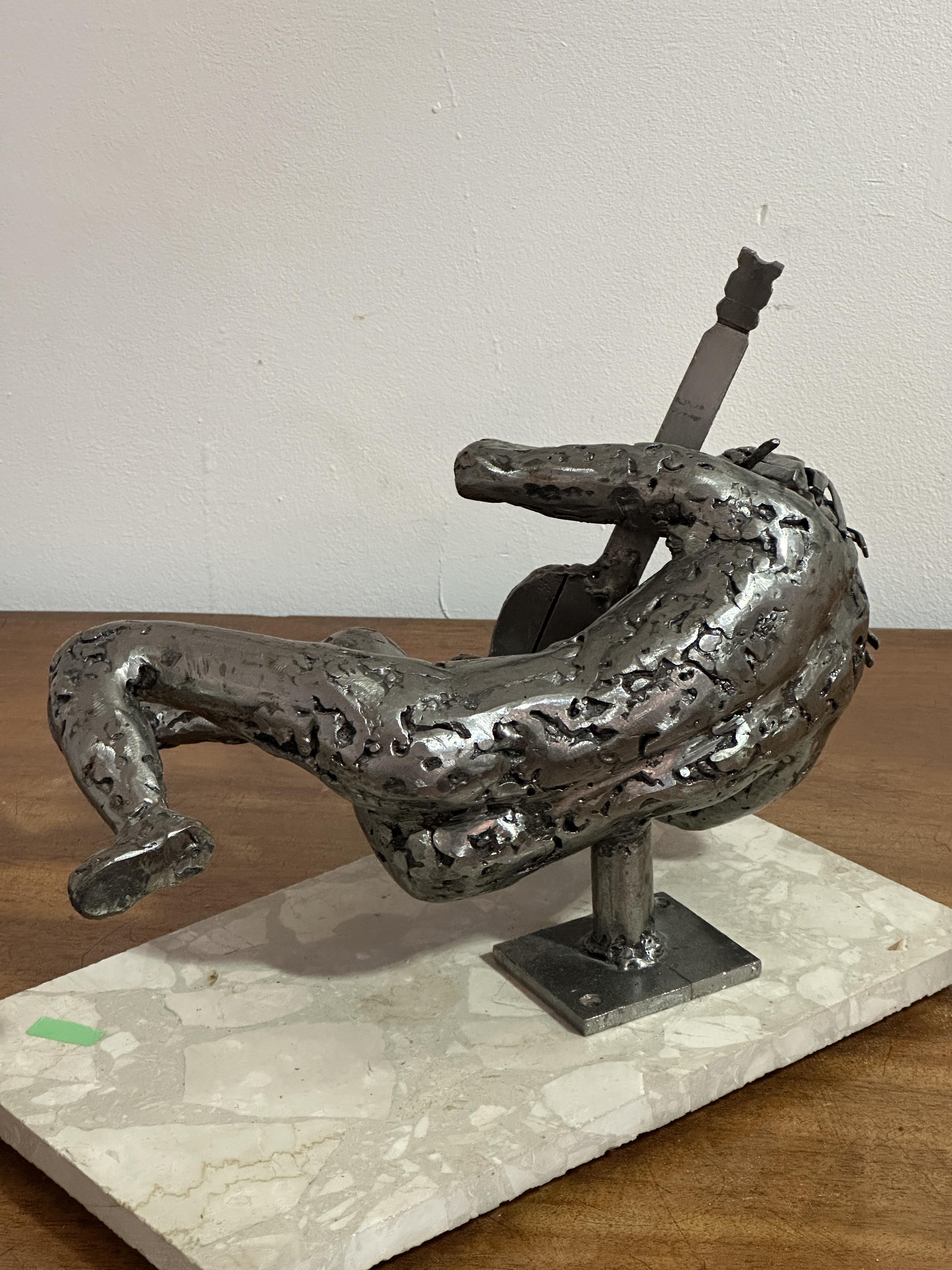 Les Drummond, Quiet Player, forged steelwork sculpture mounted on marble plinth, paper label verso H - Image 2 of 3