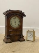 A late 19th century American walnut cased mantel clock, white painted dial with Roman chapter