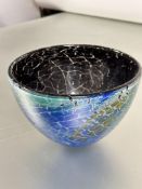 A Shakespeare Studio cased glass bowl of circular tapered form with areas of turquoise, lapis