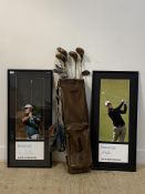 A Vintage set of twelve golf clubs in a leather case, together with a pair of framed and signed