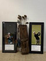 A Vintage set of twelve golf clubs in a leather case, together with a pair of framed and signed