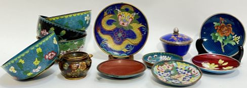 A group of Chinese cloisonne items comprising four bowls with floral decoration (some marked 'CHINA'