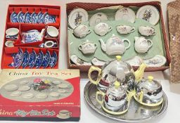 Three vintage tea sets comprising two boxed children's sets, one with blue and white Willow