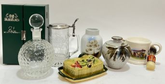 A mixed lot comprising a boxed golf ball crystal decanter (St Andre's Whisky) (h- 23cm), an engraved