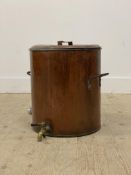A large copper tea urn of cylindrical outline, complete with lid, wrought iron carry handle to side,