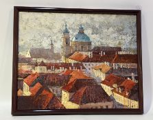 Signed indistinctly, Prague cityscape scene, oil on canvas, signed bottom right, framed. (