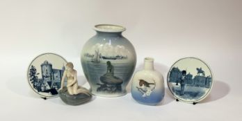 A collection of Royal Copenhagen comprising, a bud vase with a robin to centre (h-15cm), pair of