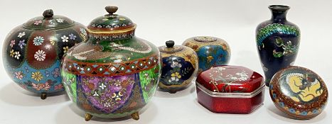 A group of Meiji period Japanese cloisonne enamel items comprising medium sized two lidded jars (lar