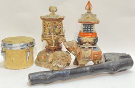 A mixed lot comprising two Eastern pottery elephant/howdah ornaments with raised enamel