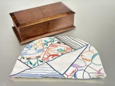 An Art Deco linen tea cosy case with running stitch Susie Cooper style Bizarre design H x 27cm L x