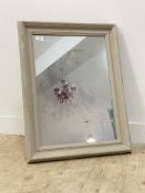 A contemporary wall hanging mirror, the bevelled plate within a grey painted frame 65cm x 85cm.